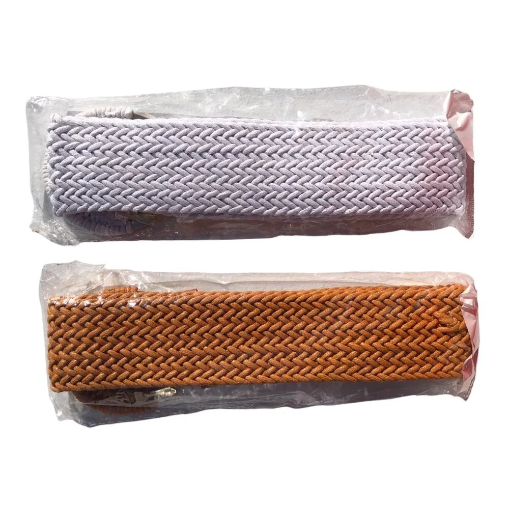 Women's Woven Stretch Belt Set Brown & White Braided Elastic, One Size